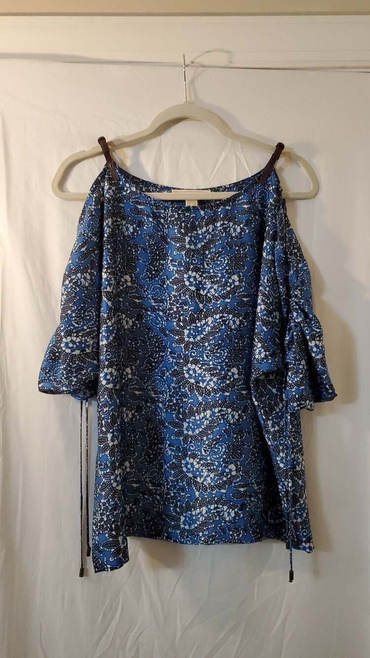 Michael Michael Kors Blue Paisley Cold Shoulder Top with Leather Straps Size S